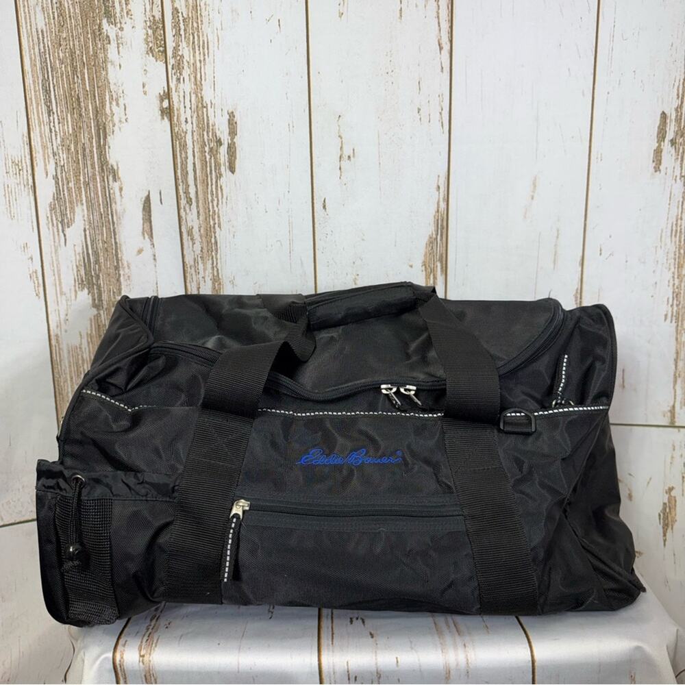 Eddie Bauer Black Carry On Duffel Bag with Blue Logo, Good used condition!